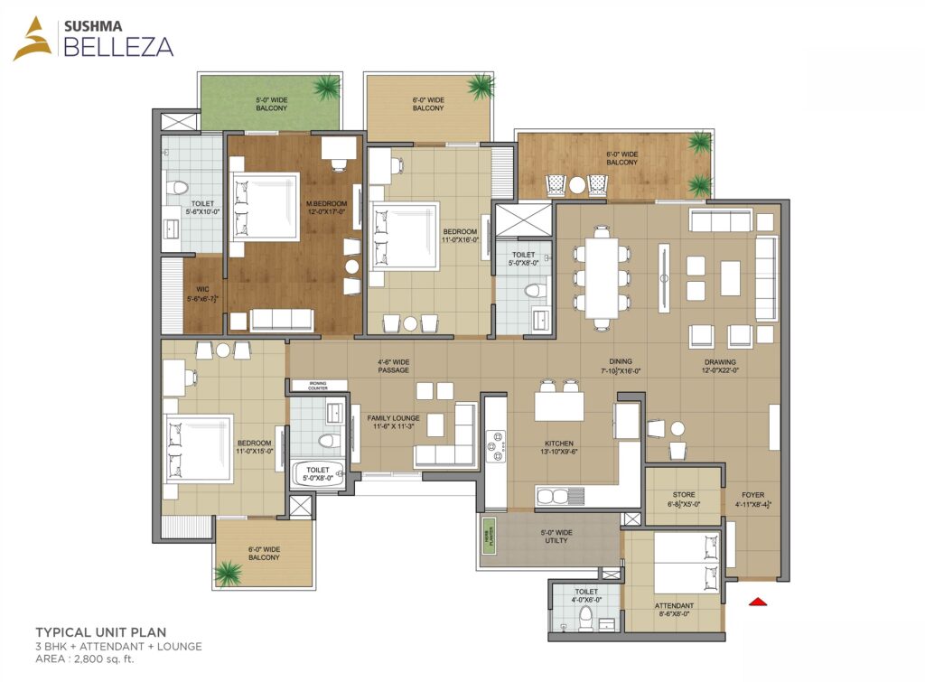 3+1 BHK with attendant room along with family lounge apartment layout